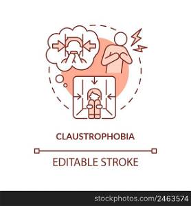 Claustrophobia red concept icon. Fear of enclosed spaces. Most common phobia abstract idea thin line illustration. Isolated outline drawing. Editable stroke. Arial, Myriad Pro-Bold fonts used. Claustrophobia red concept icon