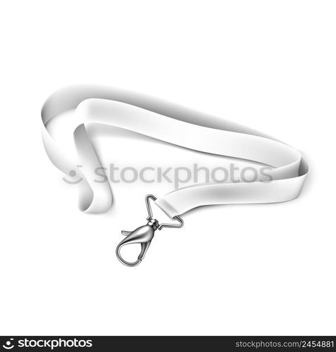 Claw Clasp With Ribbon Metal Accessory Vector. Lobster Clasp Tool, Metallic Hook And Fabric Lanyard. Aluminium Clip Connector Equipment For Badge Template Realistic 3d Illustration. Claw Clasp With Ribbon Metal Accessory Vector