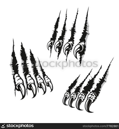 Claw marks scratches bird of prey and dragon long nails. Vector monster fingers tear through paper or wall surface. Beast paw sherds attack, isolated wild animal rips, four talons traces break slashes. Claw marks scratches bird of prey and dragon nails