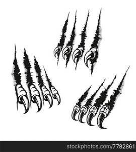 Claw marks scratches bird of prey and dragon long nails. Vector monster fingers tear through paper or wall surface. Beast paw sherds attack, isolated wild animal rips, four talons traces break slashes. Claw marks scratches bird of prey and dragon nails