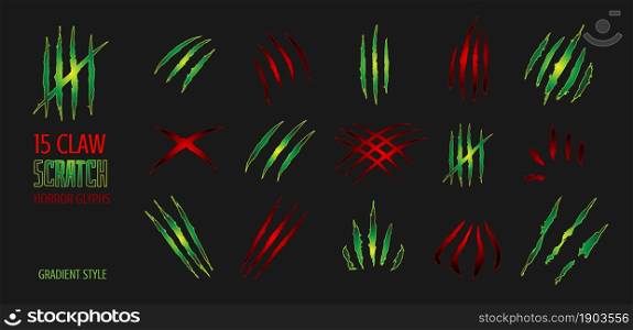 Claw scratch gradient vector illustration. Set of cruel animal scratches horror and grunge concept