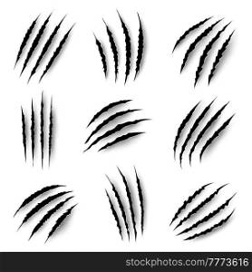 Claws marks, scratches of wild animals, vector nails rips of tiger, bear or cat paw sherds on white background. Lion, monster or beast break, four claws traces, realistic 3d marks texture isolated set. Claws marks, scratches of wild animals, nails rips
