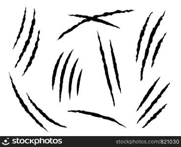 Claws scratches. Claw marks, dangerous or tiger and cat animals scratch. Damaged paper tracks, danger halloween monster vector wild werewolf shred illustration set. Claws scratches. Claw marks, dangerous or tiger and cat animals scratch. Damaged paper tracks, danger halloween monster vector set