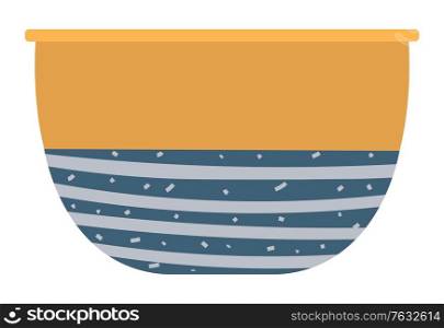 Clay bowl ceramic dishware, pattern of blue color on pot. Isolated handicraft soup plate decorated by lines. Pottery plate, homemade or rustic utensil. Vector illustration in flat cartoon style. Clay Bowl Ceramic Dishware, Pattern of Blue Color