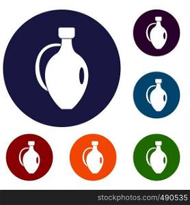 Clay jug icons set in flat circle red, blue and green color for web. Clay jug icons set