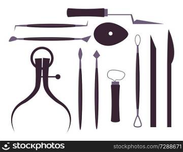 Clay modelling instruments and tools isolated vector illustration on white background. Set of art metal school equipment in gray color. Various Art School Instruments and Tools Illustration