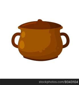 Clay pot. Copper jug. Brown antique tableware with handles. Flat design. Clay pot. Copper jug.