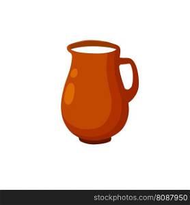 Clay pot. Earthenware jug of milk. Old Water bowl with handle. Ceramic tableware. Brown Vintage rustic cookware.. Clay pot. Earthenware jug of milk.