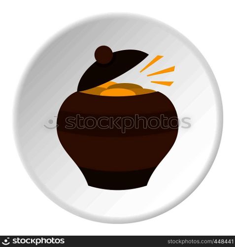 Clay pot full of gold coins icon in flat circle isolated vector illustration for web. Clay pot full of gold coins icon circle