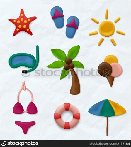 Clay sculpt. Kids education artwork realistic summer objects soft modeling fishes sunglasses marine symbols palm tree decent vector illustrations pictures set. Clay modeling, handmade sun and palm. Clay sculpt. Kids education artwork realistic summer objects soft modeling fishes sunglasses marine symbols palm tree decent vector illustrations pictures set