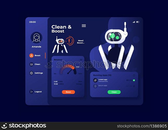 Clean and boost tablet interface vector template. Mobile app page night mode design layout. Gadget memory optimization screen. Flat UI for application. Productivity increase portable device display. Clean and boost tablet interface vector template