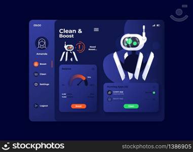 Clean and boost tablet interface vector template. Mobile app page night mode design layout. Gadget memory optimization screen. Flat UI for application. Productivity increase portable device display. Clean and boost tablet interface vector template