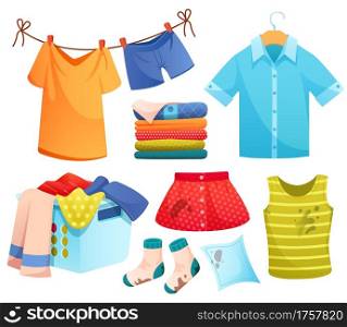 Clean and dirty clothes, laundry, washed linen pile, stained dress in basket, socks, skirt and undershirt with spots, t-shirt and panties drying on rope, shirt on hanger, Cartoon vector icons set. Clean and dirty clothes, laundry, washed linen set