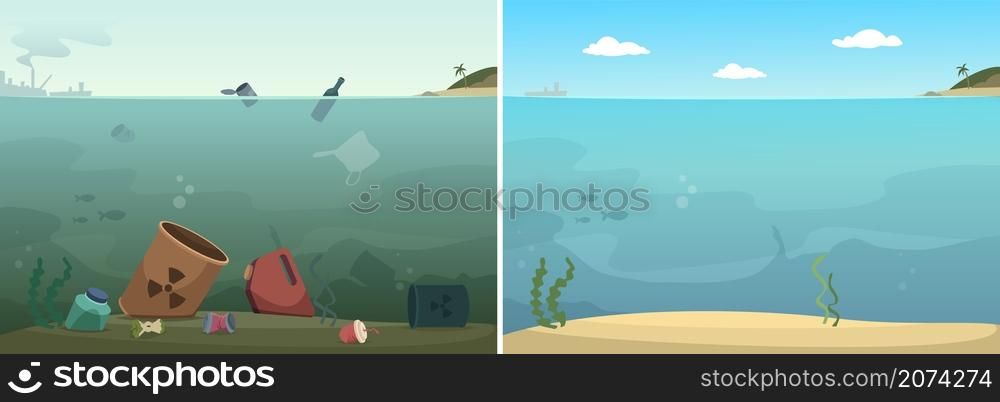 Clean and dirty water. Save ocean, waste in sea and cleaning underwater. Care for environment vector illustration. Ocean water toxic with bottle and pollution. Clean and dirty water. Save ocean, waste in sea and cleaning underwater. Care for environment vector illustration