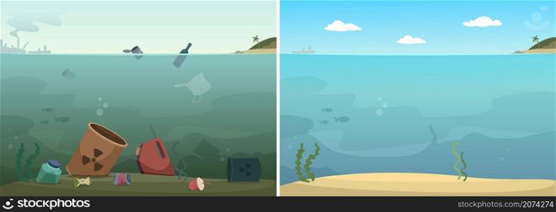 Clean and dirty water. Save ocean, waste in sea and cleaning underwater. Care for environment vector illustration. Ocean water toxic with bottle and pollution. Clean and dirty water. Save ocean, waste in sea and cleaning underwater. Care for environment vector illustration