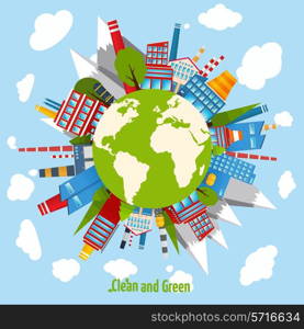 Clean and green energy concept with industrial buildings around the globe vector illustration