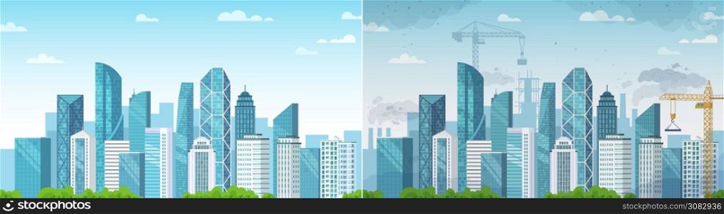 Clean and polluted city. Pollution and environment, ecology and clean area compare with dust town construction. Vector illustration. Clean and polluted city. Pollution and environment