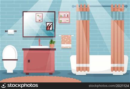 Clean Bathroom Interior Design Closet Bathtub Furniture Flat Illustration