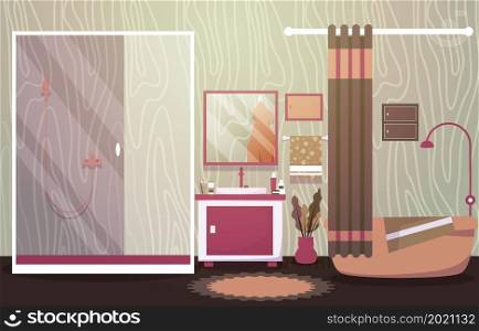 Clean Bathroom Interior Design Mirror Bathtub Furniture Flat Illustration
