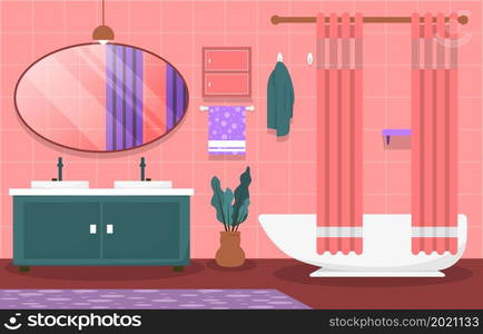 Clean Bathroom Interior Design Mirror Bathtub Furniture Flat Illustration