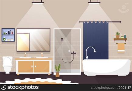Clean Bathroom Interior Design Shower Bathtub Furniture Flat Illustration