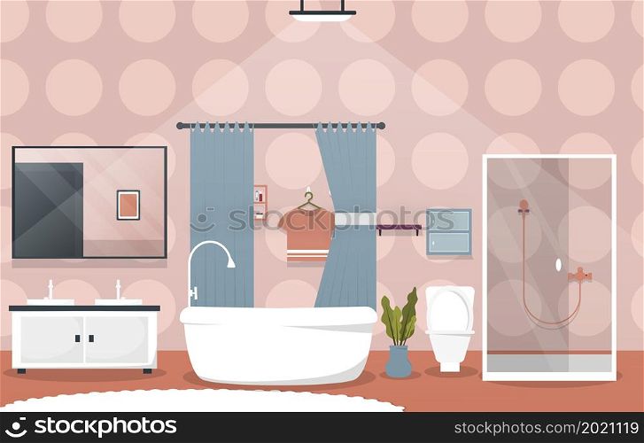 Clean Bathroom Interior Design Shower Bathtub Furniture Flat Illustration
