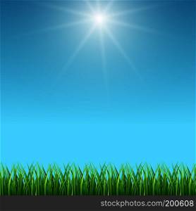 Clean blue sky and green grass vector background. Spring design landscape illustration. Clean blue sky and green grass vector background