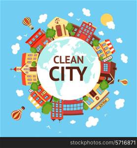 Clean city street scape background with globe retro buildings around vector illustration