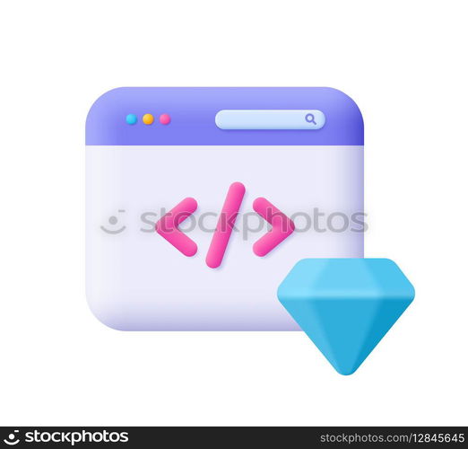 Clean Code. Web page with code and diamond. SEO, programming and coding concept. 3d vector icon. Cartoon minimal style.