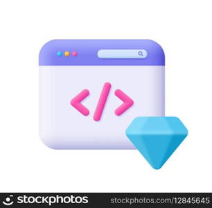 Clean Code. Web page with code and diamond. SEO, programming and coding concept. 3d vector icon. Cartoon minimal style.