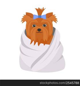 Clean dog in towel semi flat color vector element. Full sized object on white. Domestic animal. Yourkshire terrier grooming simple cartoon style illustration for web graphic design and animation. Clean dog in towel semi flat color vector element