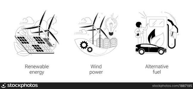 Clean energy abstract concept vector illustration set. Renewable energy, wind power, alternative fuel, solar panels, green electricity, charging station, light bulb, windfarm abstract metaphor.. Clean energy abstract concept vector illustrations.