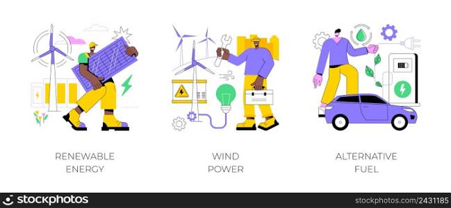 Clean energy abstract concept vector illustration set. Renewable energy, wind power, alternative fuel, solar panels, green electricity, charging station, light bulb, windfarm abstract metaphor.. Clean energy abstract concept vector illustrations.