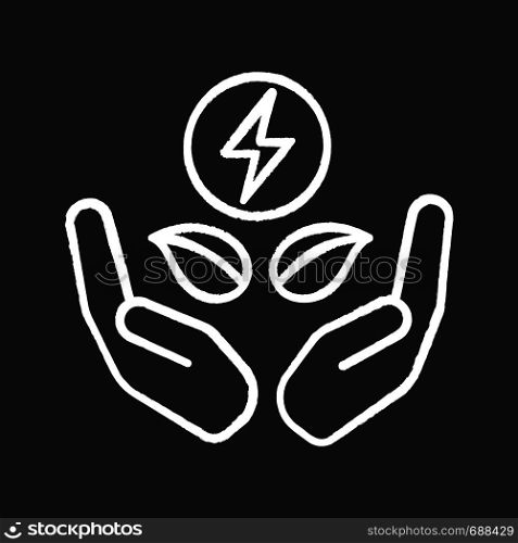 Clean energy chalk icon. Eco power. Renewable resources. Green energy. Lightning bolt and leaves in hands. Isolated vector chalkboard illustrations. Clean energy chalk icon