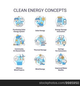 Clean energy concept icons set. Water quality and environment idea thin line RGB color illustrations. Not use electricity. Solar energy. Vector isolated outline drawings. Editable stroke. Clean energy concept icons set