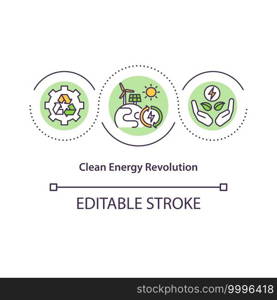 Clean Energy Revolution concept icon. Reducing harmful pollution idea thin line illustration. Renewable ways to get energy. Vector isolated outline RGB color drawing. Editable stroke. Clean Energy Revolution concept icon