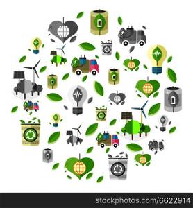Clean energy symbols such as electro car, eco battery, energy-saving bulb and bin for recycling formed in circle vector illustration.. Clean Energy Symbols Formed in Circle Illustration