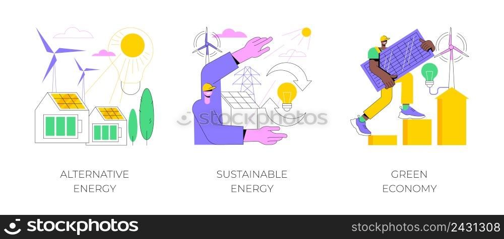 Clean green energy abstract concept vector illustration set. Alternative energy, sustainable eco system, renewable sources, wind turbine, solar panels, green economy, eco friendly abstract metaphor.. Clean green energy abstract concept vector illustrations.