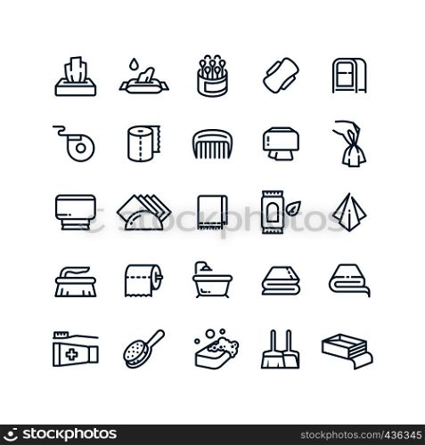 Clean hands and antiseptic napkins vector line icons. Sanitary and hygiene symbols. Paper hand for hygiene, napkin clean for toilet illustration. Clean hands and antiseptic napkins vector line icons. Sanitary and hygiene symbols