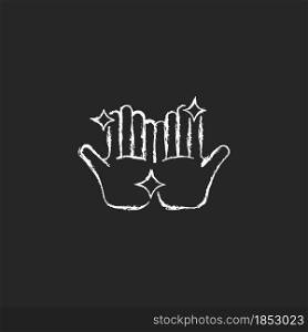 Clean hands chalk white icon on dark background. Washing hands with warm water and soap. Removing visible dirt. Skin, eye infections prevention. Isolated vector chalkboard illustration on black. Clean hands chalk white icon on dark background