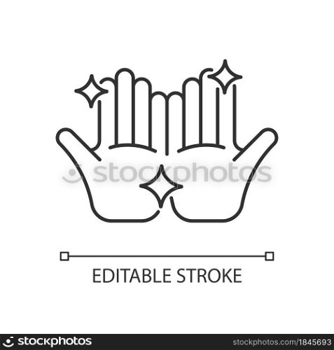 Clean hands linear icon. Washing hands with warm water and soap. Removing visible dirt. Thin line customizable illustration. Contour symbol. Vector isolated outline drawing. Editable stroke. Clean hands linear icon