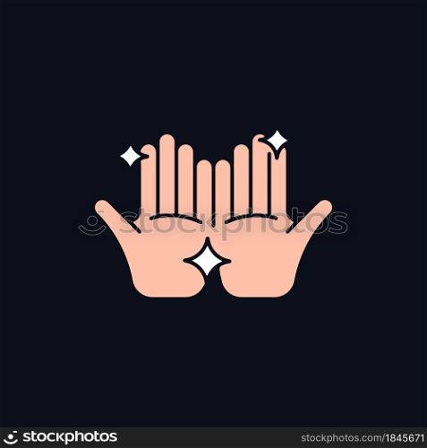Clean hands RGB color icon for dark theme. Washing hands with warm water and soap. Removing visible dirt. Isolated vector illustration on night mode background. Simple filled line drawing on black. Clean hands RGB color icon for dark theme
