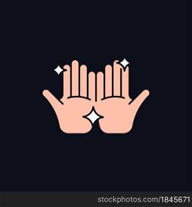 Clean hands RGB color icon for dark theme. Washing hands with warm water and soap. Removing visible dirt. Isolated vector illustration on night mode background. Simple filled line drawing on black. Clean hands RGB color icon for dark theme