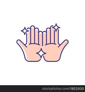 Clean hands RGB color icon. Washing hands with warm water and soap. Removing visible dirt. Skin, eye infections prevention. Proper handwashing. Isolated vector illustration. Simple filled line drawing. Clean hands RGB color icon