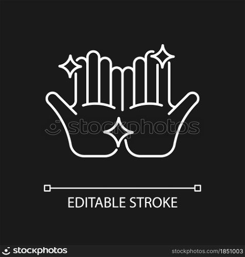 Clean hands white linear icon for dark theme. Washing hands with warm water and soap. Thin line customizable illustration. Isolated vector contour symbol for night mode. Editable stroke. Clean hands white linear icon for dark theme