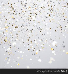 Clean holiday background with flying golden and white confetti, some are out of focus