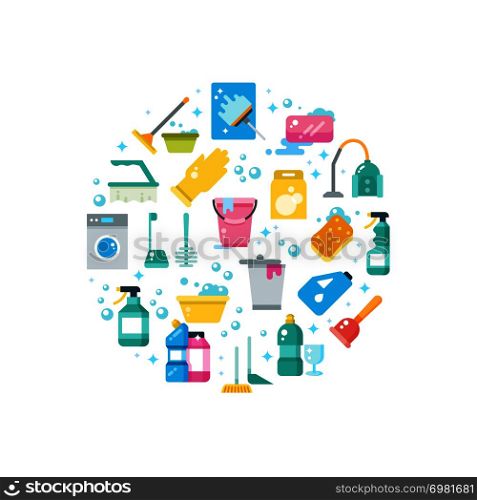 Clean house concept with cleaning and washing tools vector icons. Housekeeping equipment, washing and cleaning illustration. Clean house concept with cleaning and washing tools vector icons