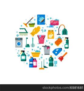 Clean house concept with cleaning and washing tools vector icons. Housekeeping equipment, washing and cleaning illustration. Clean house concept with cleaning and washing tools vector icons