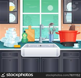 Clean kitchen background with washing kitchen utensils symbols flat vector illustration
