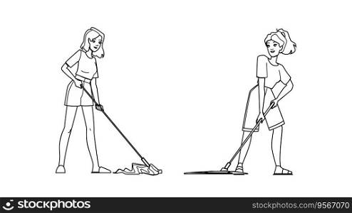 clean mopping floor vector. mop cleaner, home house, domestic housework clean mopping floor character. people black line illustration. clean mopping floor vector